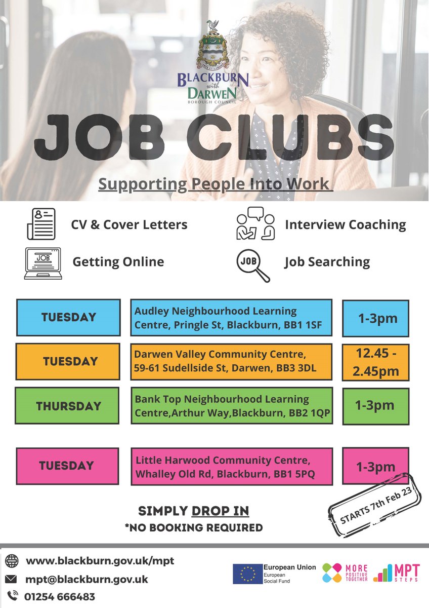 LearnEnglishBwD's tweet photo. Do you know about the borough's job clubs? If you need help looking or applying for work why not visit a job club near you! #employment #work #morepositivetogether https://t.co/4fdacxXHUi