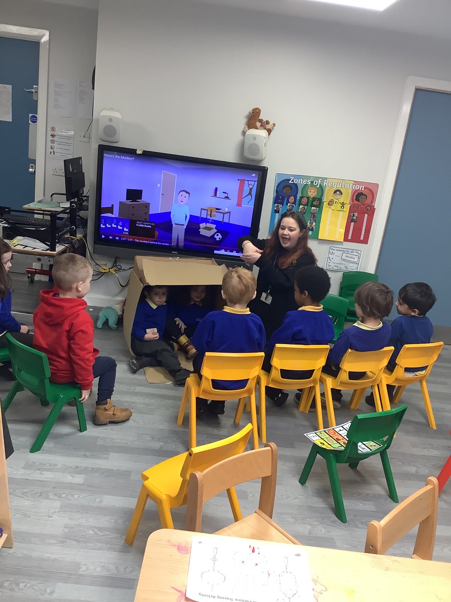 In Butterfly class our topic in maths this term is positional language. We have been role playing with different objects placing them in, on, under, behind and in front.