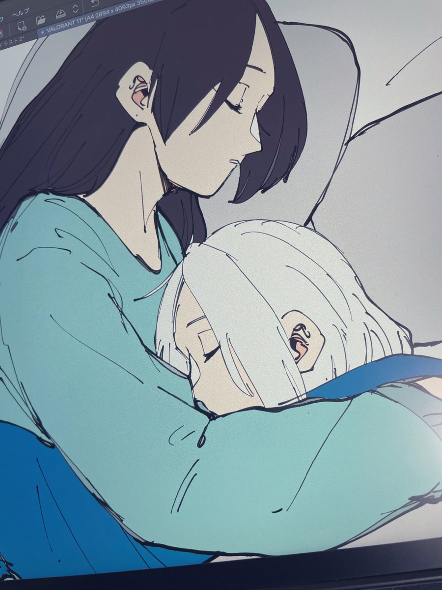 2girls multiple girls closed eyes long hair sleeping white hair black hair  illustration images