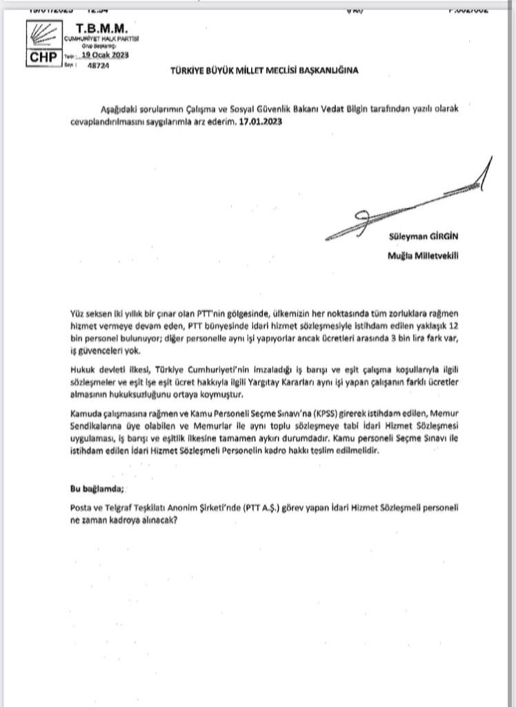 Çalışma ve Sosyal Hizmet Bakanı <a href="/vedatbilgn/">Vedat Bilgin</a> e soru önergemizi verdik: 

Posta ve Telgraf Teşkilatı Anonim Şirketi’nde (PTT A.Ş.) görev yapan İdari Hizmet Sözleşmeli personeli ne zaman kadroya alınacak?

#pttihslilerekadro 
#pttihsliyekadronerede 
#pttihskadroistiyor