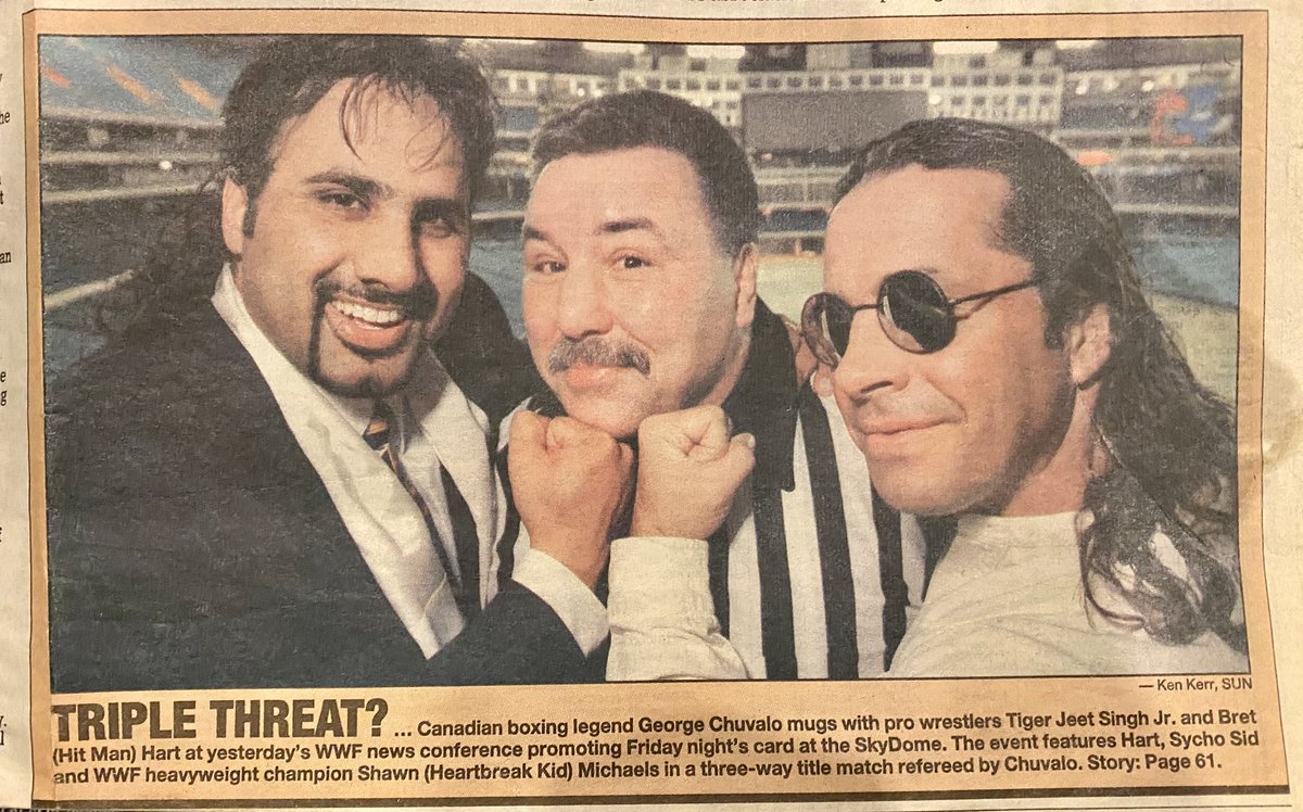 #TBT 26 years ago today <a href="/WWE/">WWE</a> contract signing of Tiger Jeet Singh Jr. at #Toronto SkyDome and witnessing alongside him are boxing legend George Chuvalo and wrestling legend <a href="/BretHart/">Bret Hart</a>!🐅😎💥