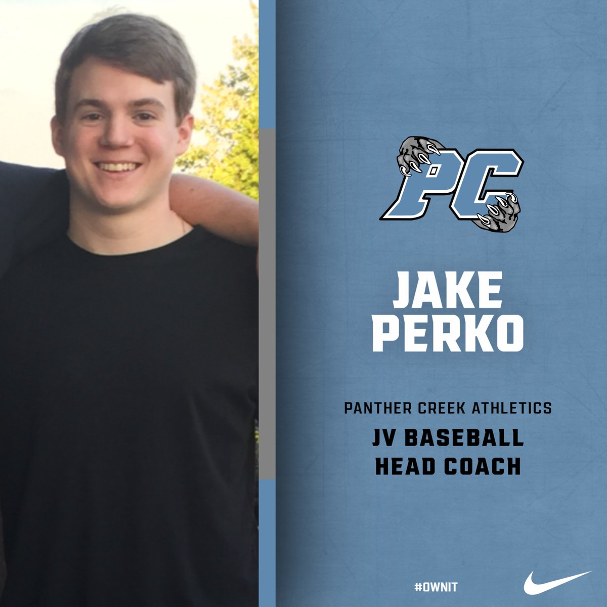 PCHScatamounts's tweet image. Ahead of the 2023 Baseball season, Panther Creek Athletics is happy to welcome our new JV Baseball Head Coach, Jake Perko! Welcome to the Creek! #OwnIt