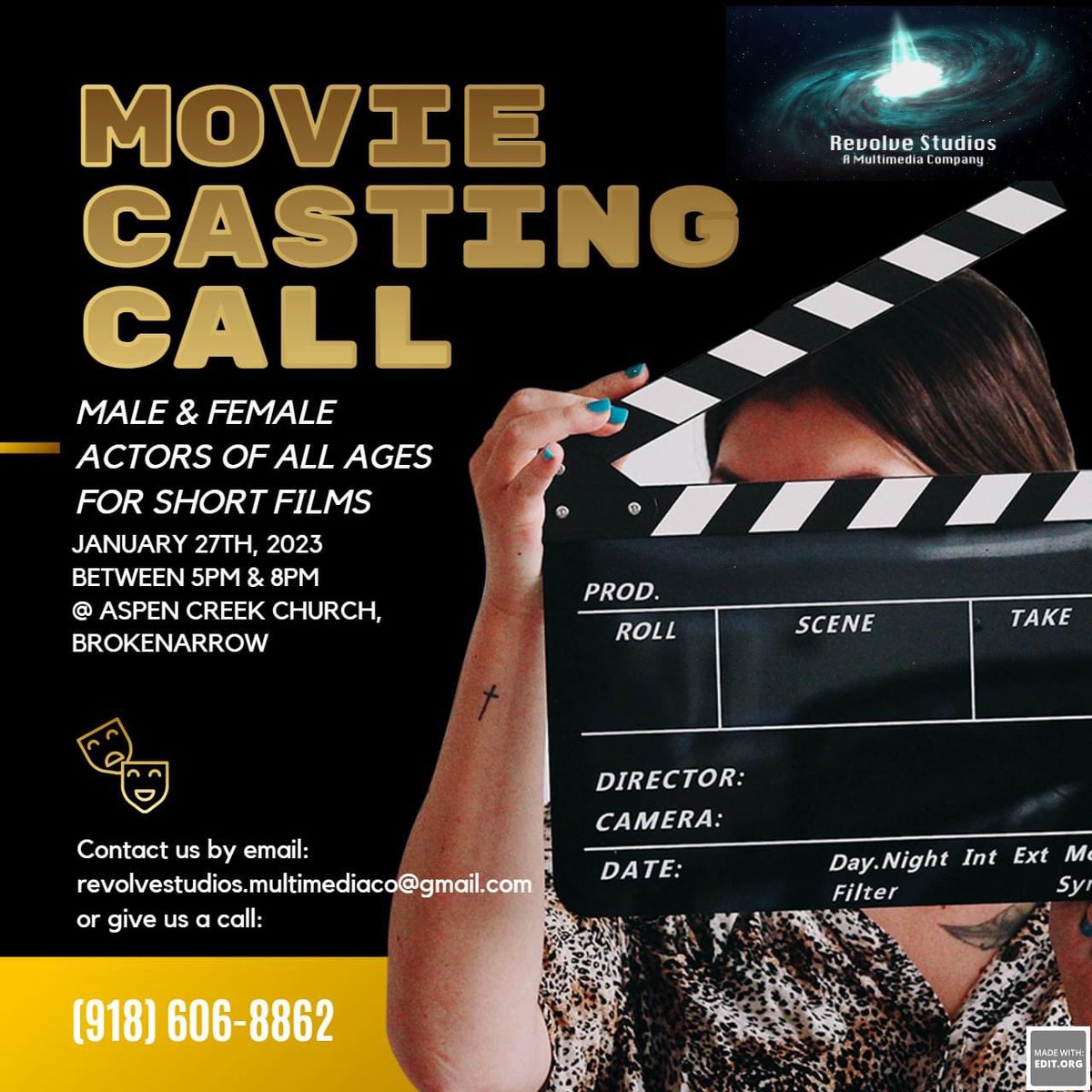 CiCixJones's tweet photo. Hey guys! @revolvestudios is having a casting call for short films! 

If interested, sign-up at the link below ⬇️ 

https://t.co/78BU04aLx1

So exciting!!! 😄

#castingcall #oklahoma #movies #actor #actorslife #actress #audition #auditions #fyp #foryou #shortfilms #shortfilm https://t.co/wRhX5twUNH