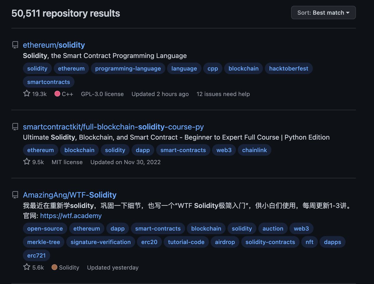 WTF Solidity在Github Solidity相关repo中升至第3 🙌 感谢WTF贡献者和学习者的支持🧡  春节后将开始更新Degen篇（51讲-），敬请期待🤖 https://t.co/pqVaENhbq9 #web3 #Ethereum # Solidity @solidity_lang @WTFAcademy_
