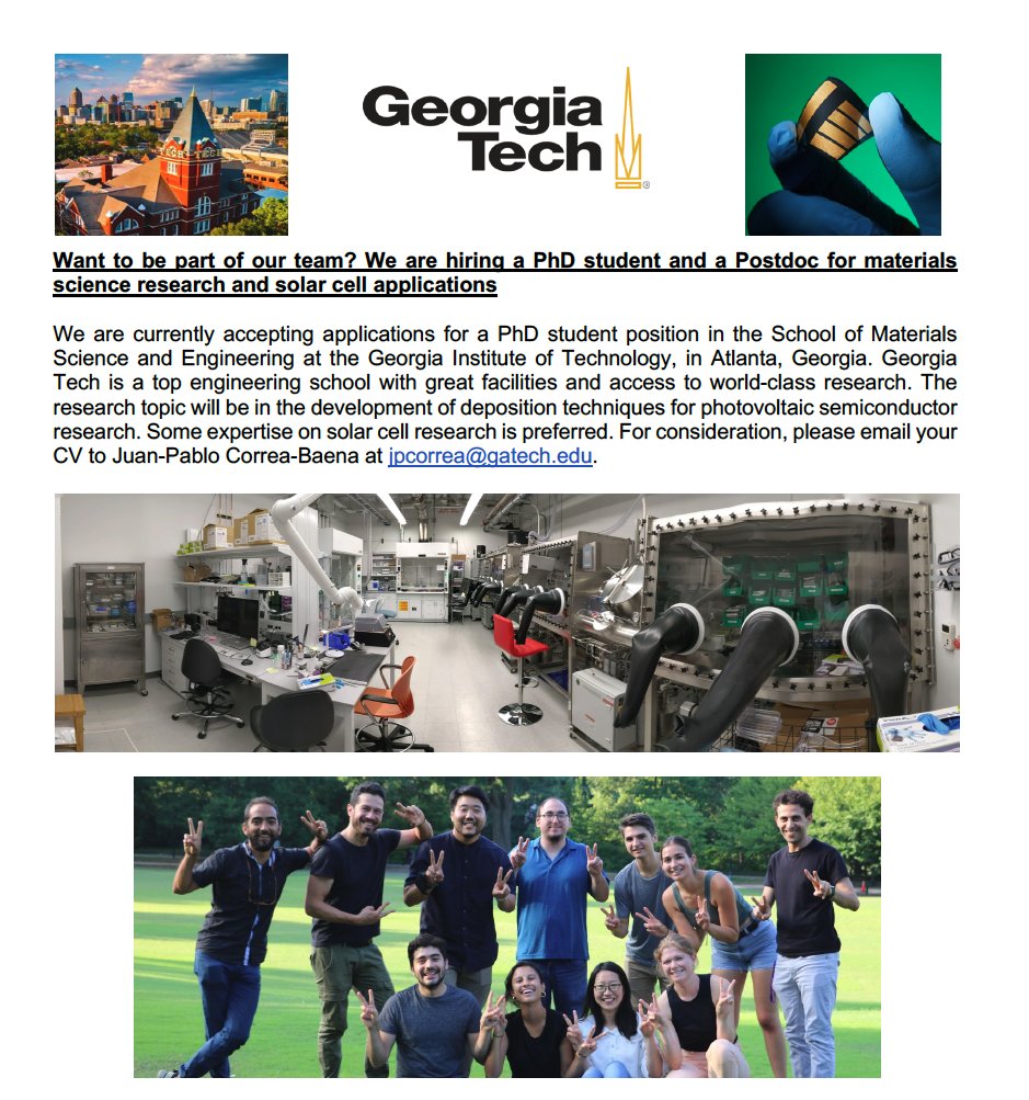 Juan-Pablo Correa-Baena (@jpcorreabaena) on Twitter photo 📢We are hiring again!
Help us spread the word. Looking for a postdoc/PhD students to study structure-property relationships in halide perovskites and applications to optoelectronic devices.
If interested, contact me directly: CorreaBaenaHiring@gmail.com
@GTMSE5 <a href="/BaenaLab/">Correa-Baena Lab Gatech</a> 📢We are hiring again!
Help us spread the word. Looking for a postdoc/PhD students to study structure-property relationships in halide perovskites and applications to optoelectronic devices.
If interested, contact me directly: CorreaBaenaHiring@gmail.com
@GTMSE5 <a href="/BaenaLab/">Correa-Baena Lab Gatech</a>