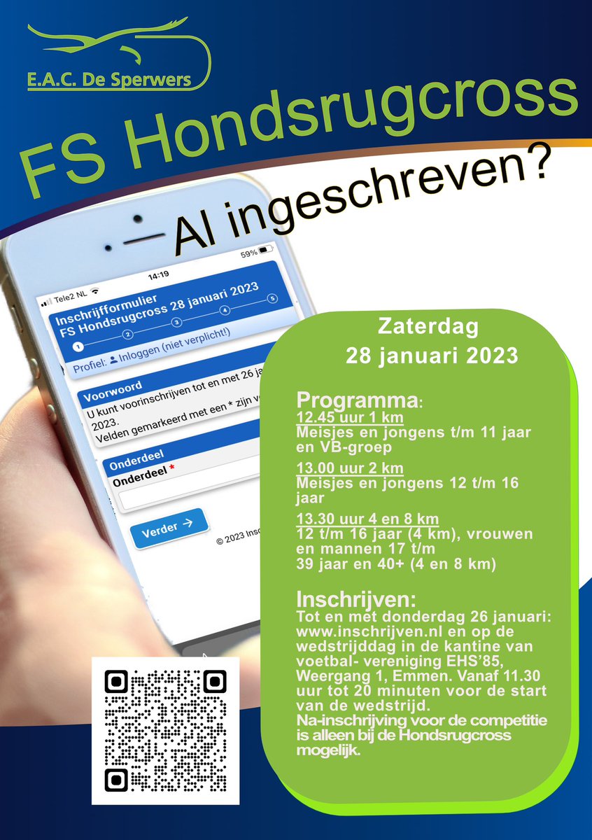 Nog niet ingeschreven voor de FS Hondsrugcross? Het kan online tot 26 januari via inschrijven.nl  voor meer informatie kan je terecht op: desperwers.nl