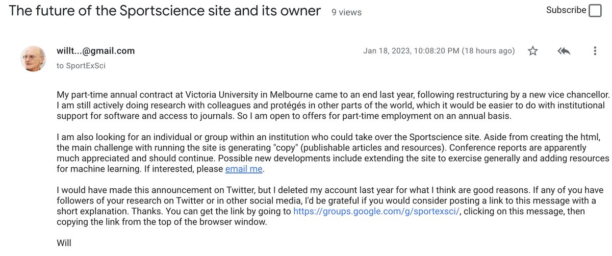 The guy who changed my (at least) scientific life is now free for (partial) employment 😃 &amp; needs help to keep running the website that offers the best (&amp; free) stats resources for sport science 🧪🏅🏃‍♀️

💁‍♂️bit.ly/3XlaRGr
⛽️ sportsci.org

please RT #willhopkins