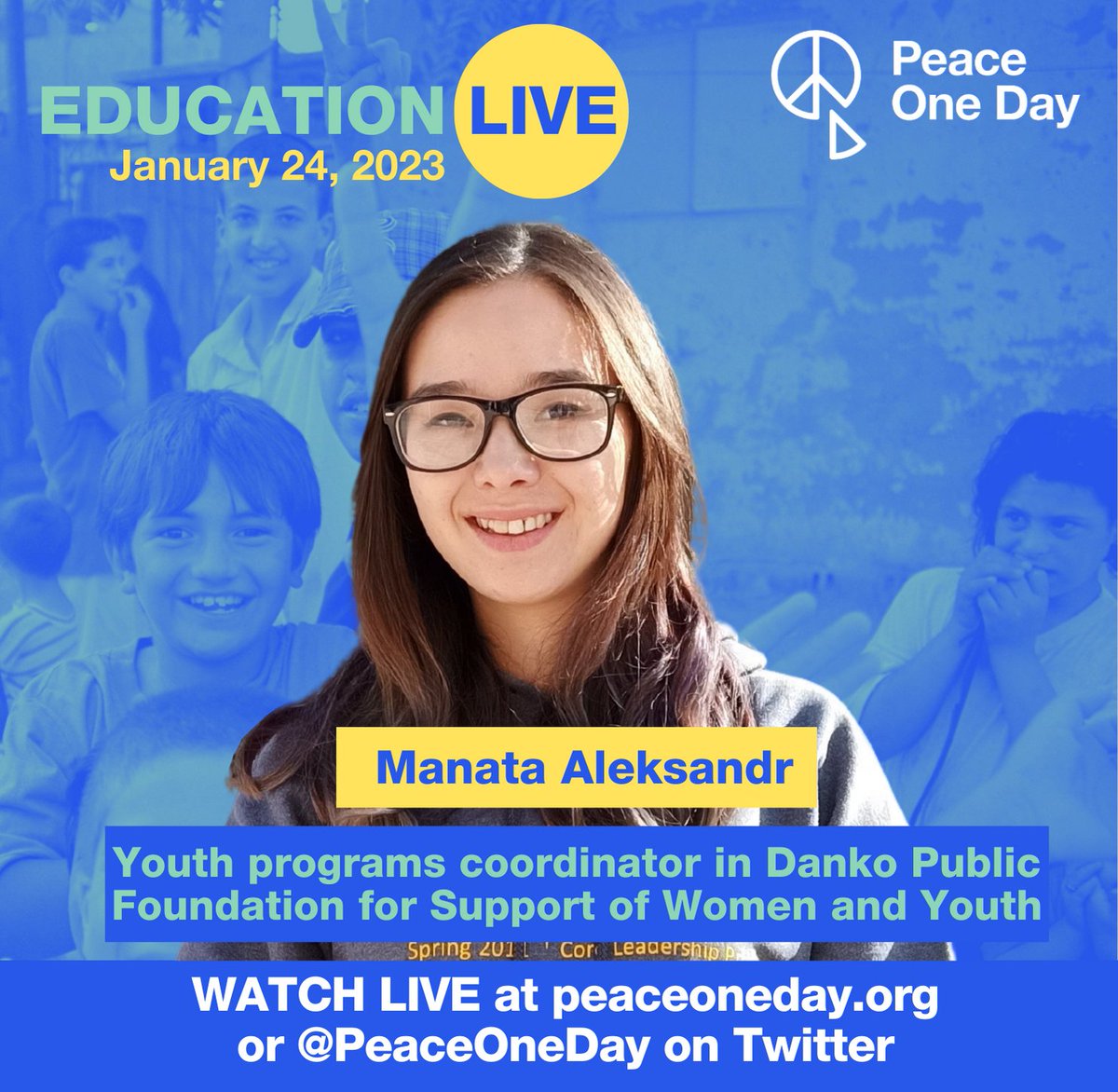 Peace One Day is pleased to announce that Manata Aleksandr will be joining us for Education Live 24 January. Follow our social media for announcements, and visit peaceoneday.org or @PeaceOneDay on Twitter to watch the broadcast and register for more information.