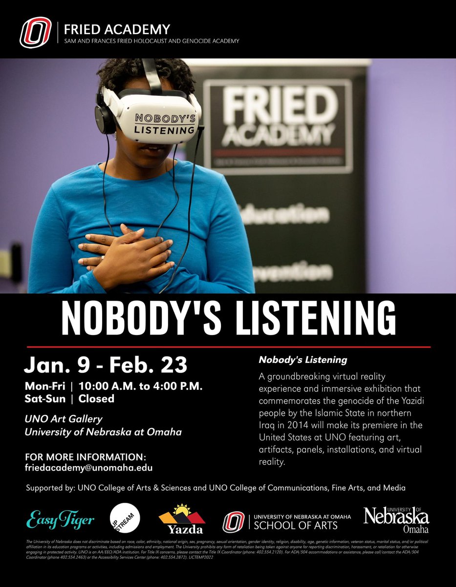 NCITE_COE's tweet photo. We're thrilled to be involved with this eye-opening exhibit here on the @UNOmaha campus. 

Nebraska, specifically Lincoln, is home to the largest Yazidi resettlement community in North America.  

Learn more:
https://t.co/5cJRzU2SqU

@UNOmahaCAS @NbdyListeningVR https://t.co/hLuGhDfVsh