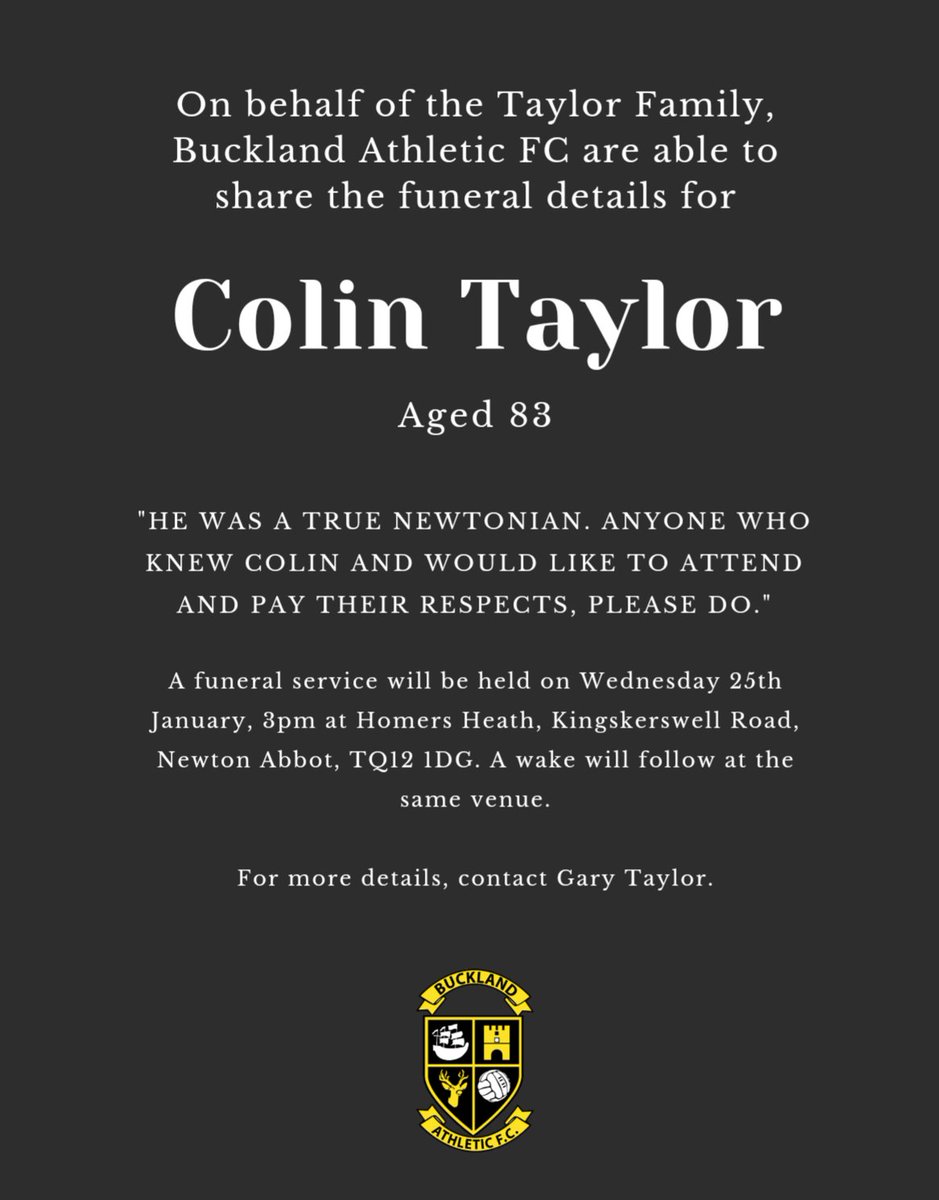 OfficalBAFC's tweet photo. 💛 | Colin Taylor's Funeral Details...

On behalf of the Taylor Family, Buckland Athletic FC are able to share the Funeral Details for Colin Taylor.

Read more below ⬇️

#BucklandFamily #FootballFamily 🫶 https://t.co/mXPF0Verz7