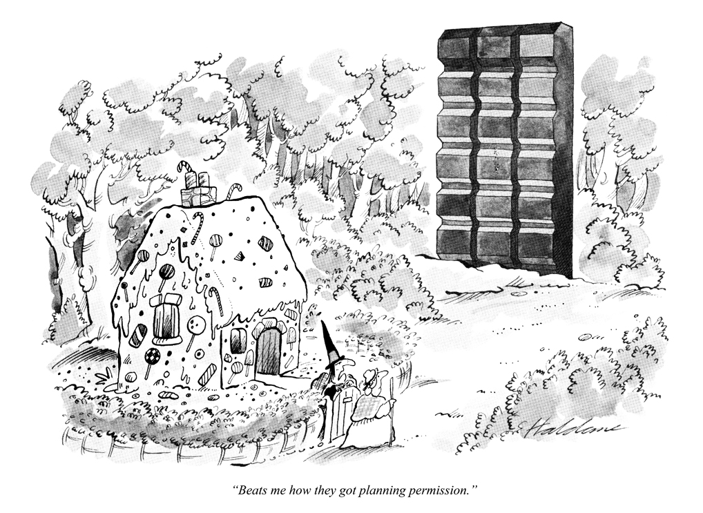 Today's PUNCH Cartoon Classic. 'Beats me how they got planning permission.' Levelling up? David Haldane 1981 #architecture #buildings #highrises #towers #HanselandGretel #housing #houses #chocolate #fairytales #witches #homes #towerblocks