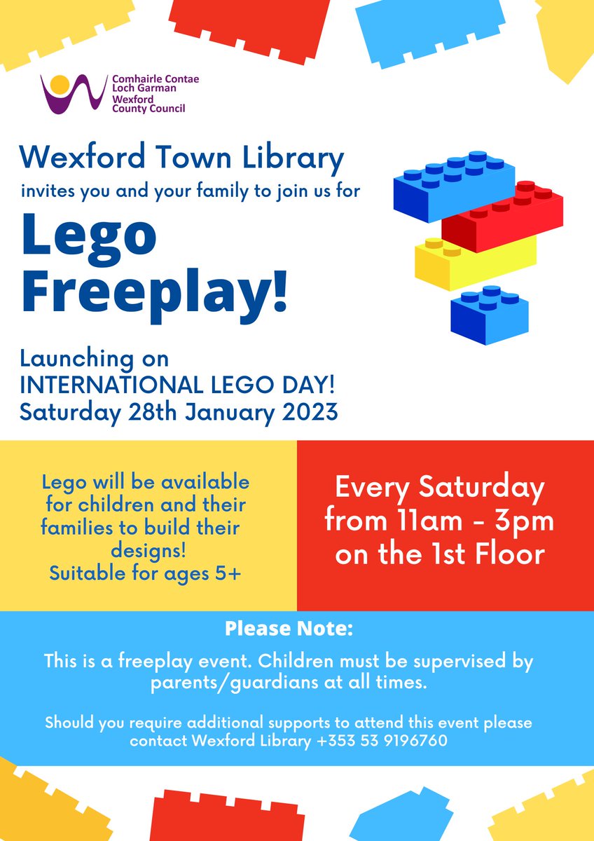 wexfordcoco's tweet photo. CALLING ALL LEGO FANS

To celebrate international LEGO day Saturday 28th, we are launching a weekly Family LEGO Freeplay in our Wexford Town Library.

Should you require additional supports to attend this event please phone 053 919 6760.

#wexfordlibraries #lego https://t.co/Yqq4ZII7gz