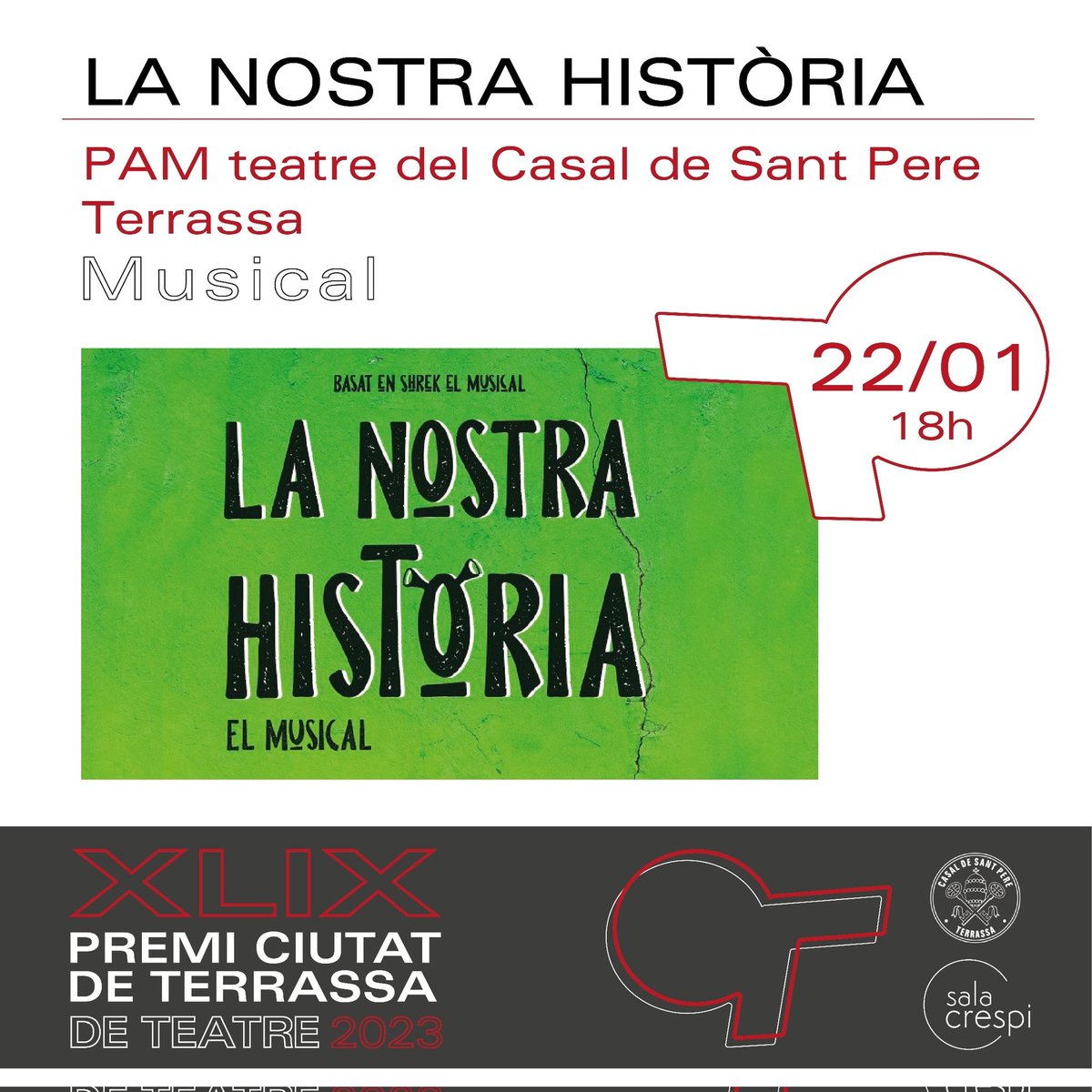 Aquest diumenge comença el XLIX Premi Ciutat de Terrassa de Teatre 🎭 de la mà del Grup PAM Teatre del Casal de Sant Pere @pamteatre 💚🍀

Us hi esperem! 🙌🏼

🔴 LA NOSTRA HISTÒRIA EL MUSICAL
▫️ Musical
📌 Dv. 20 - 20h
📌 Dg. 22 - 18h
🎟️ salacrespi.com