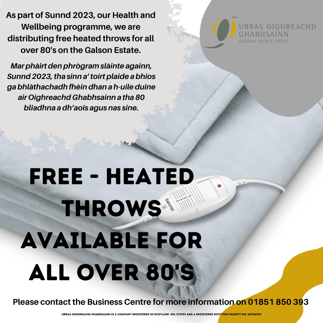 UrrasOG's tweet photo. As part of Sunnd 2023, our health and wellbeing programme, we are distributing free heated throws for all over 80's on the Galson Estate, these can also be delivered to you.
Thanks to Lighting Electrical Stornoway for their support with this.
#isleoflewis #galsonestate #sunnd https://t.co/WpxAV0jl4I