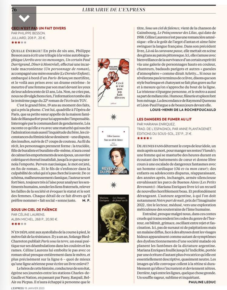 CECI N'EST PAS UN FAIT DIVERS et LES DANGERS DE FUMER LA NUIT dans « La Librairie de l'Express ». Merci à <a href="/mariannepayot/">marianne payot</a> et <a href="/PaulineLeduc/">Pauline Leduc</a> ! @Ed_Julliard @ed_sous_sol <a href="/LEXPRESS/">L'Express</a>