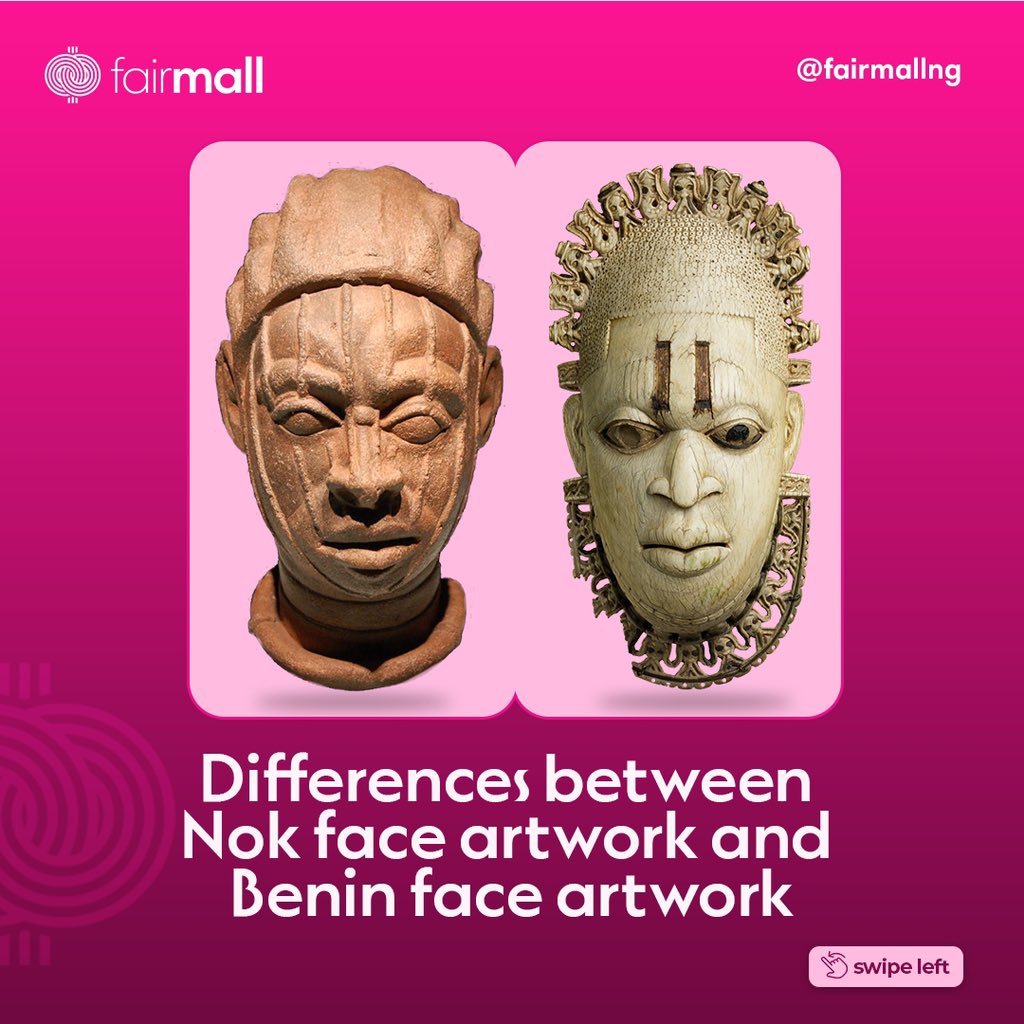 Fairmallng's tweet photo. Although the Nok and Benin face artworks are very similar in style and design, there are some distinct features that separate one from the other.

Swipe through the slides.

#faimall #beninarts #nokarts #arthistory https://t.co/WTGevJ3M23
