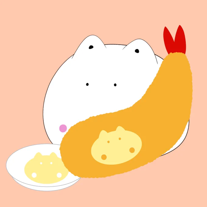 こんばんは次の休みは揚げ物食べたいな…もちねこエビフライ「沢山つけちゃえ」#イラスト 