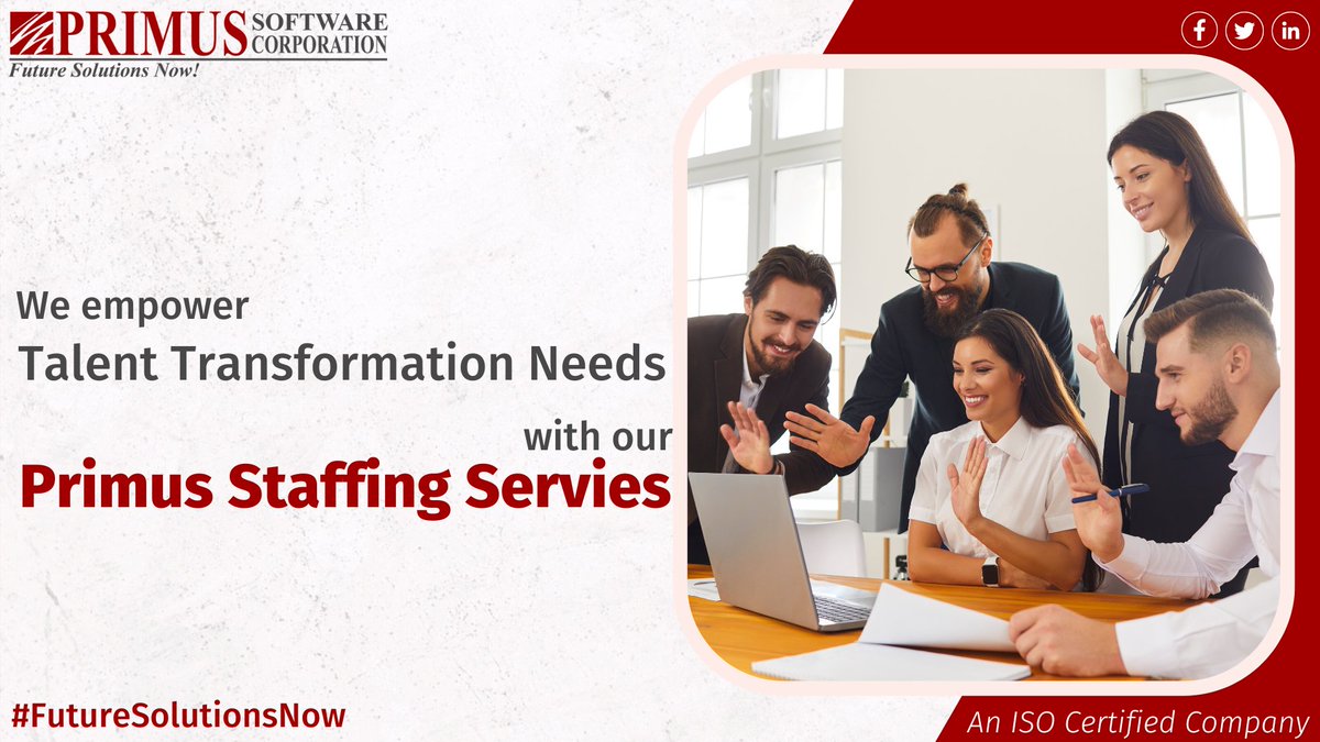 PrimusSoftCorp's tweet photo. We provide talents for digital future!
Our #PrimusStaffingTeam is fully equipped to help our valued clients prepare their #futureteam to work with #futurisctic technologies to bring #futuresolutionsnow.
Talk to our #staffingexperts to meet your talent transformation needs. https://t.co/XjIURgF4bl