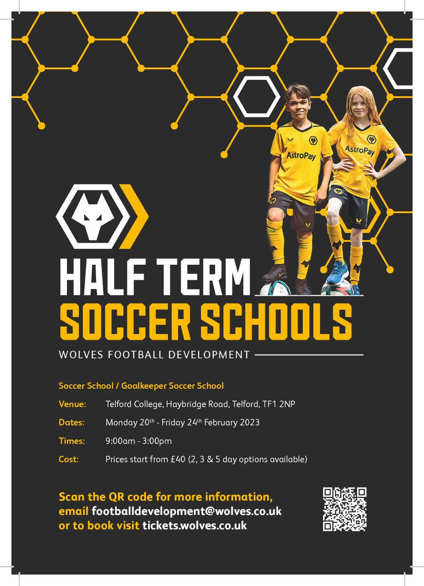 Community notice for Year 7 boys and girls: Wolves Soccer School will be delivering a Soccer School at TCAT between Monday 20th to Friday 24th February 2023, 9am to 3pm.  Tickets available here: tickets.wolves.co.uk/en-GB/categori…
