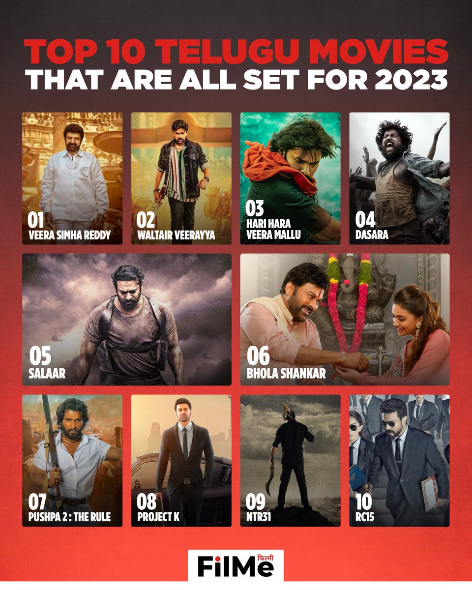 Here is a list of upcoming Telugu movies of 2023 to watch out for.

@alluarjun @iamRashmika @advani_kiara 

#FilMe #Tollywood #streamingsoon #VeeraSimhaReddy #WaltairVeerayya #HariHaraVeeraMallu
#Dasara #Salaar #BholaShankar #Pushpa2 #ProjectK #NTR31 #RC15