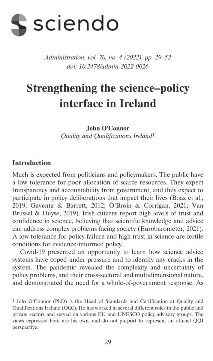 Some thoughts on strengthening the science–policy interface in Ireland #Science4Policy #ScienceAdvice #SciPol #evidence4policy Open Access from @AdminJournal at sciendo.com/article/10.247…