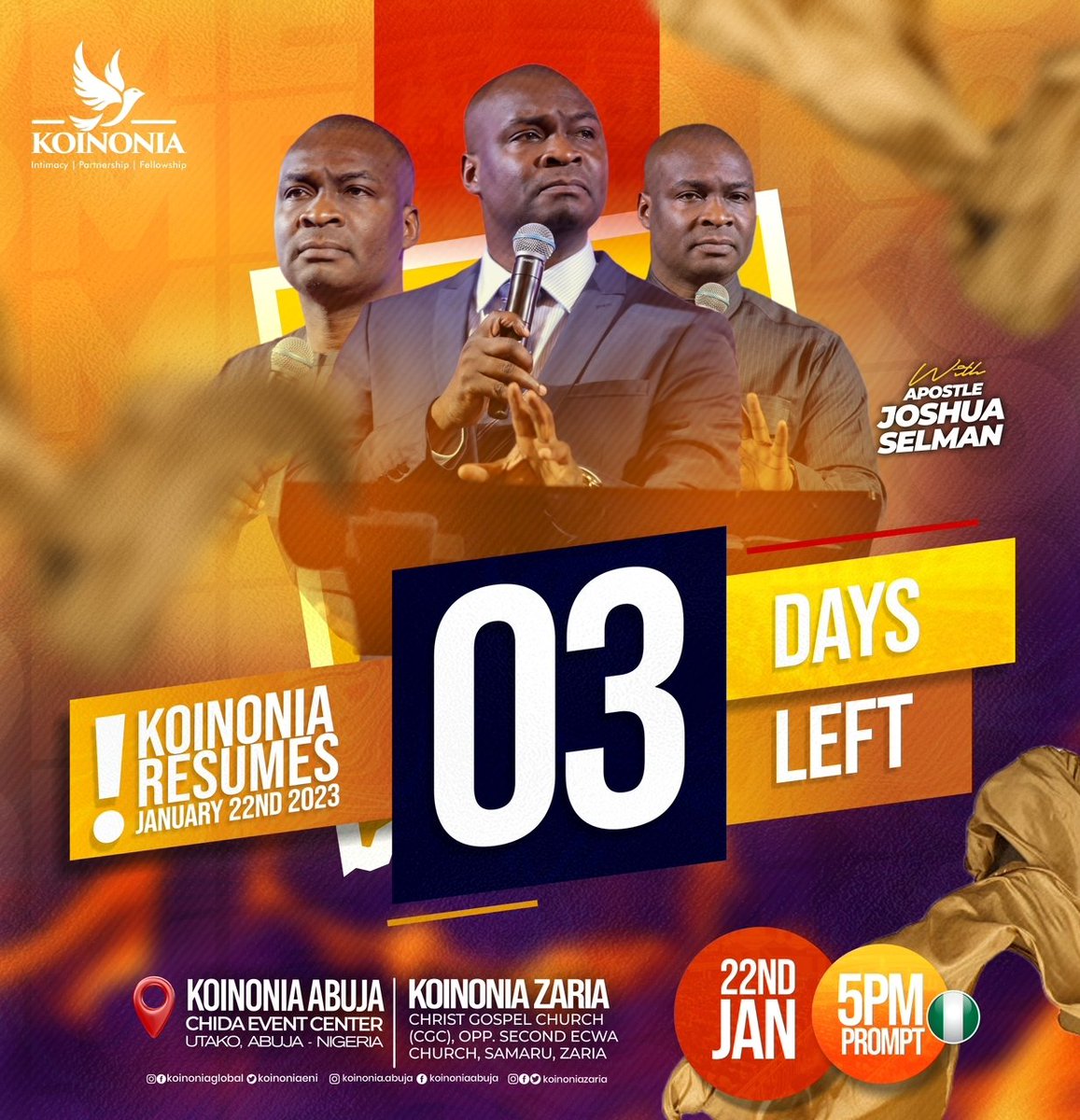 koinoniaeni's tweet image. It's officially 3 days to go and the countdown has begun!!!

We're super delighted to commence the first Koinonia service of the year 2023. Get ready with us! Pray! Plan! Prepare! Be highly expectant!