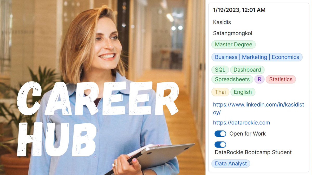 เมื่อคืนนั่งทำ Career Hub ทั้งคืนเลย 55+ ไว้ให้เพื่อนๆฝาก Profile ฟรีสำหรับสมัครงานสาย Data

เข้ามาสร้าง Profile ได้ง่ายๆในสองนาที
datarockie.com/data-career-hu…

บริษัทไหนกำลังหาคน เข้ามาหา Profile ตึงๆได้นะครับ เย้

#KT #DataRockie #CareerHub