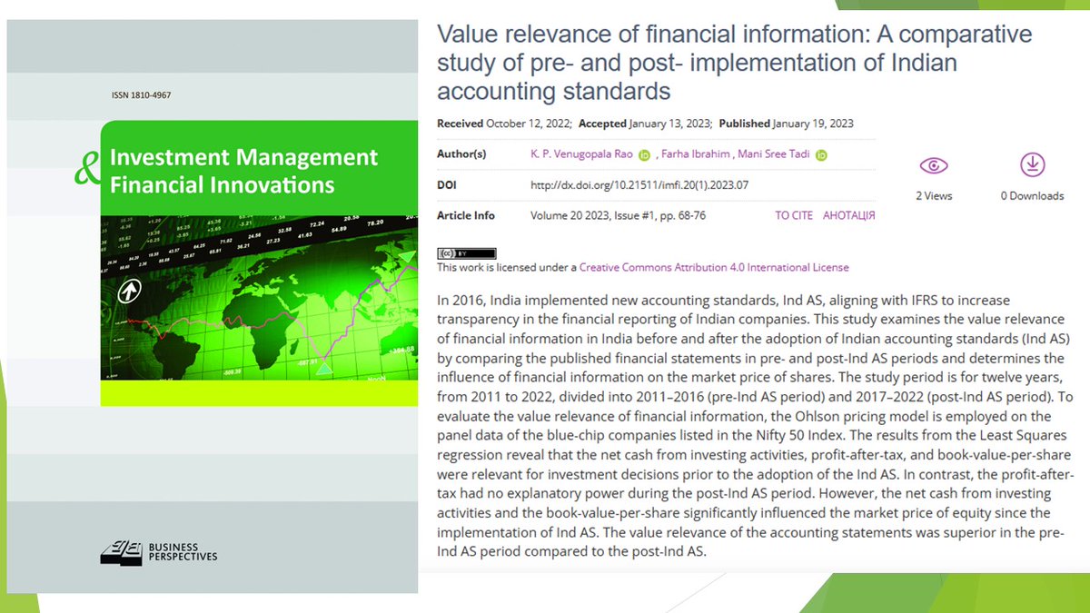 imfi_journal's tweet image. 🔗 lnkd.in/dB-UHBZd
📝 Value relevance of financial information: A comparative study of pre- and post- implementation of Indian accounting standards
👥 K. P. Venugopala Rao , Farha Ibrahim , Mani Sree Tadi 
#financialstatements, #IndAS, #Indianaccountingstandards, #Nifty50