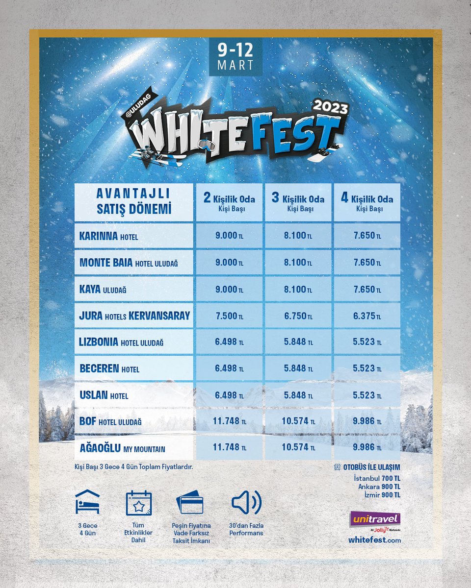 ❄️ Whitefest 2023 🏂
🗓️ 9-12 Mart 🗓️

Özlemle beklenen Whitefest 2023 detayları açıklandı! Festival otelleri, sanatçıları, etkinlikleri, avantajları ve çok daha fazlası için bizi takip etmeyi unutma!

📞 444 78 87
🖥 whitefest.com
💬 0533 137 07 59

#whitefest