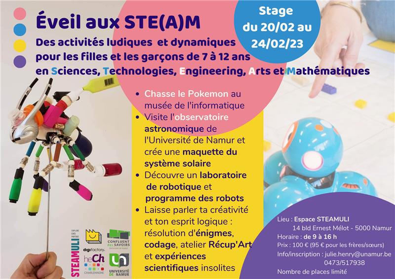 📢 Stage #steam 🪛🧪🌙🪐🔭✂️🎨💻 pour les enfants de 7 à 12 ans
➡️ organisé par <a href="/UNamur/">UNamur</a> et @cdsunamur, en collaboration avec #d1g1factory et <a href="/HECharlemagne/">HE Charlemagne</a> (<a href="/GaetanoLICATA5/">Gaetano Licata</a>)
➡️ avec la participation du <a href="/ComputerMuseumB/">ComputerMuseum NAMIP</a>
➡️ à l'espace #steamuli du 20 au 24/02
N'hésitez pas à RT 😜