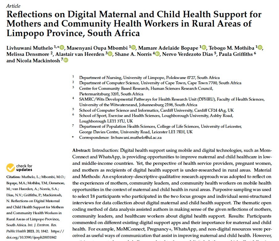 Our paper 'Reflections on Digital Maternal and Child Health Support for Mothers and Community Health Workers in Rural Areas of Limpopo Province, South Africa' is now online at @IJERPH_MDPI - from our CoMaCH project funded by @UKRI_News @GCRF #DigitalHealth mdpi.com/1660-4601/20/3…