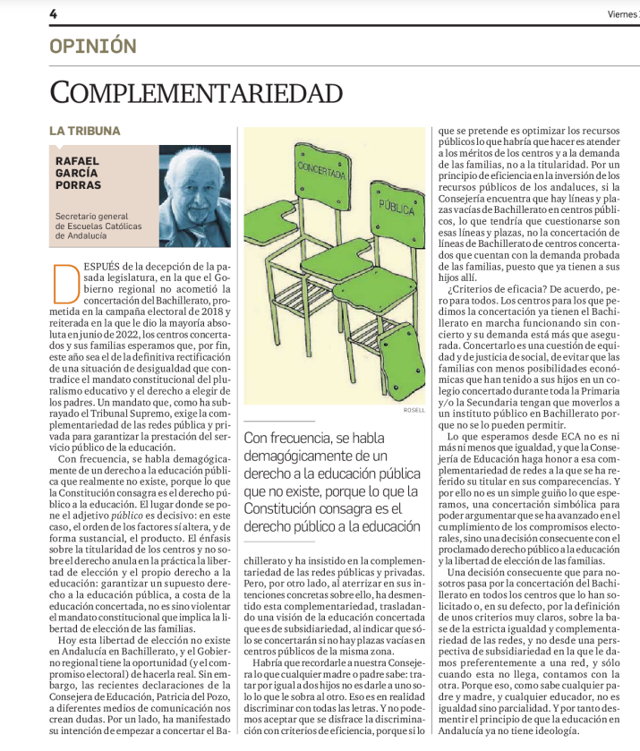 🚨📢 "Esperamos igualdad, y que <a href="/EducaAnd/">Consejería Desarrollo Educativo y FP</a> haga honor a esa complementariedad de redes a la que se ha referido su titular (...). Una decisión consecuente que pasa por la concertación del Bachillerato en todos los centros que lo han solicitado".
✍️ Artículo de <a href="/RafaGarciaP1/">Rafael García Porras</a>.