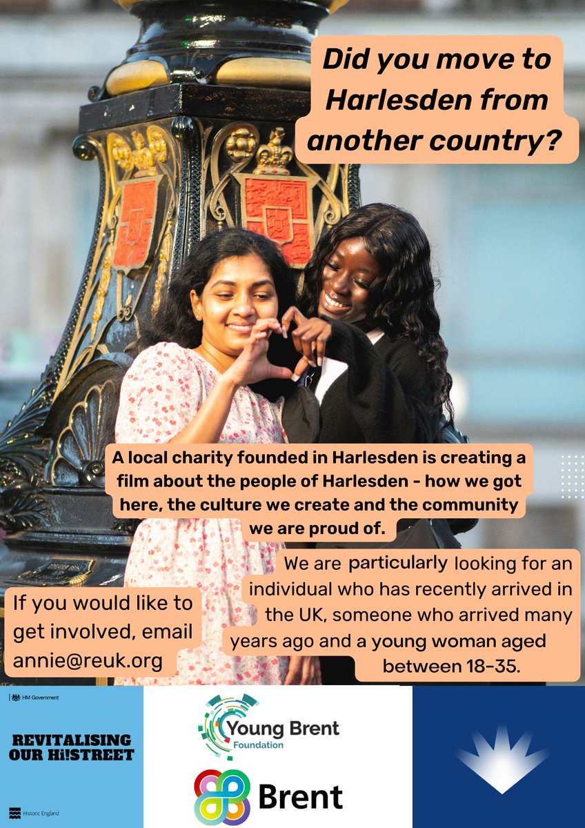Have you moved to this country &amp; lived in Harlesden? 

We want to highlight the Harlesden community, the cultures, and contributors 

We are looking for an individual who has recently arrived in the UK &amp; a young woman aged 18-35

To share your experiences email annie@reuk.org