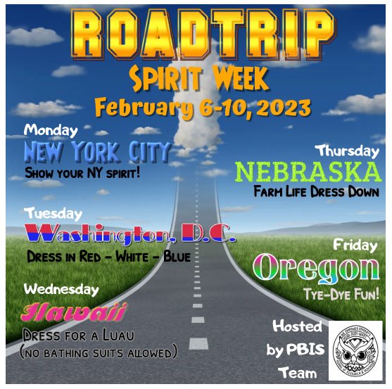 TheraErickson's tweet image. Get READY 75 families because we are Road Tripping USA 🇺🇸 for Spirit Week! PBIS points for school 🦉 spirit!  #schoolspirit #roadtrip #uniquelearning #equity #sel @D8Connect @jen_joynt @AnyaMunce @NYCSchools @DK_BlackburnNYC @DOEChancellor
