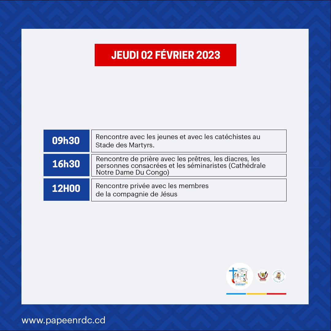 PapeEnRdc's tweet photo. #PapeEnRdc: Le programme de la visite du pape s’articule de manière ci-après 👇🏾: 
Il est aussi disponible sur le siteweb ici : https://t.co/f3YwsKhB6E https://t.co/xSGmOSNkw6