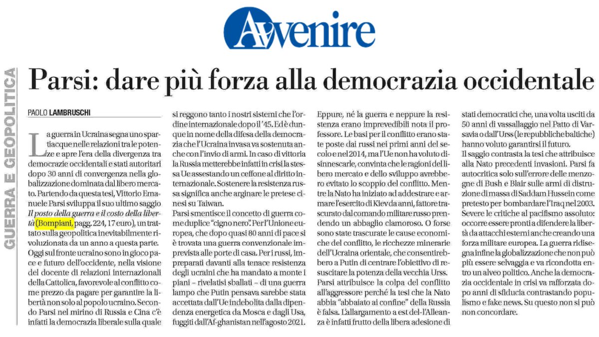 La guerra in Ucraina è uno spartiacque nelle relazioni tra potenze: apre l'era della divergenza tra democrazie e autoritarismi. Sul fronte ucraino sono in gioco pace e il futuro di occidente e democrazia liberale: per questo l'Ucraina va sostenuta, anche con l'invio di armi.