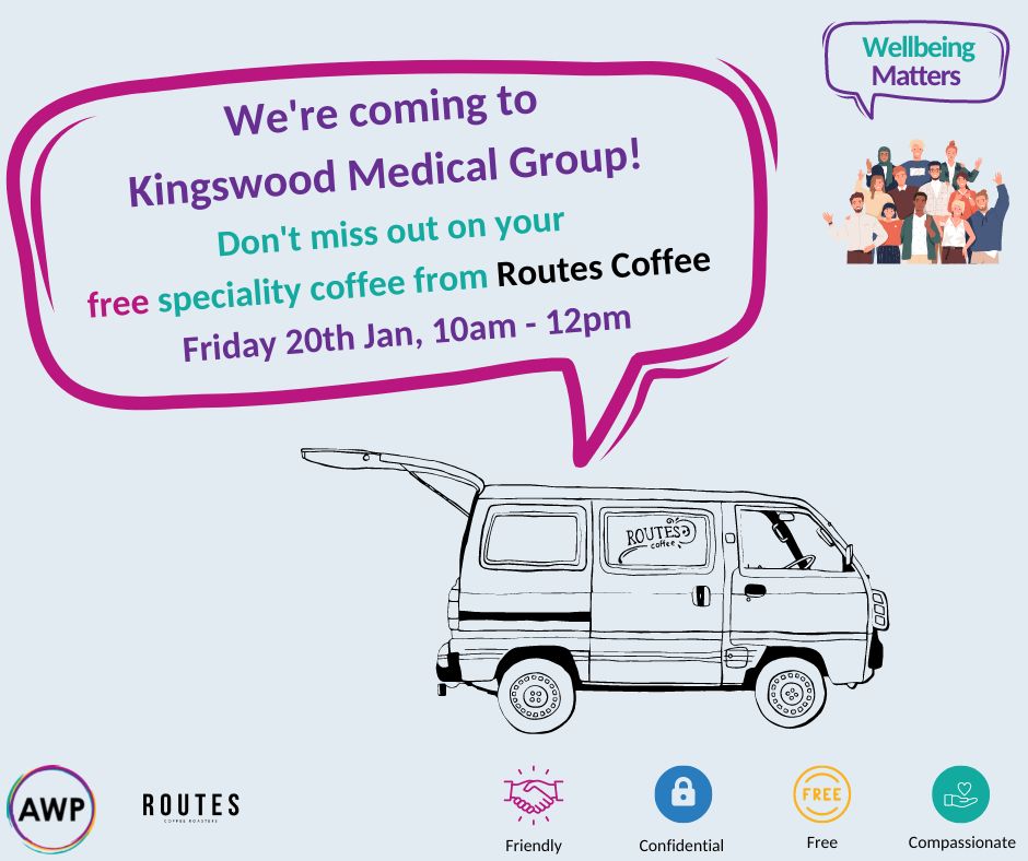 Calling all staff at Kingswood Medical Group! 
On Friday 10am - 12pm grab yourself a free coffee from @RoutesCoffee and have a chat with the BSW Wellbeing Matters team. bit.ly/3CtyaoX