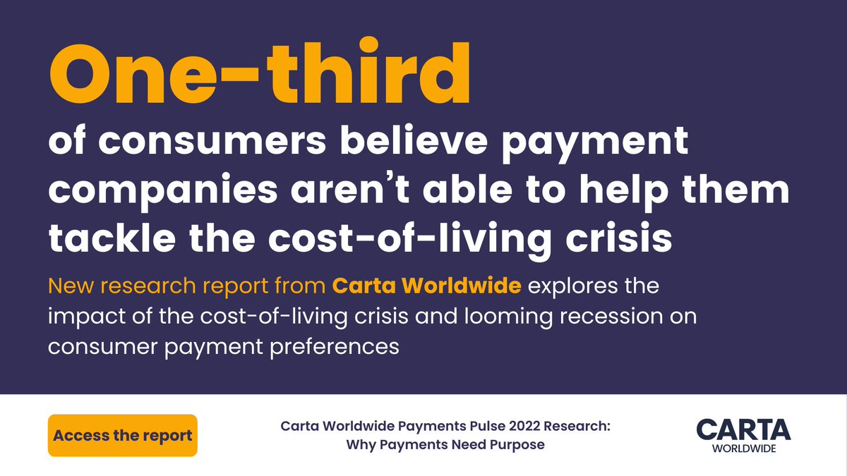 Did you know 1/3 of consumers believe that payment companies aren't able to help them tackle the cost-of-living crisis? <a href="/CartaWorldwide/">Carta Worldwide</a>'s new Payments Pulse report explores the impact of the cost-of-living crisis &amp; recession on consumer payment preferences cartaworldwide.com/payments-pulse/