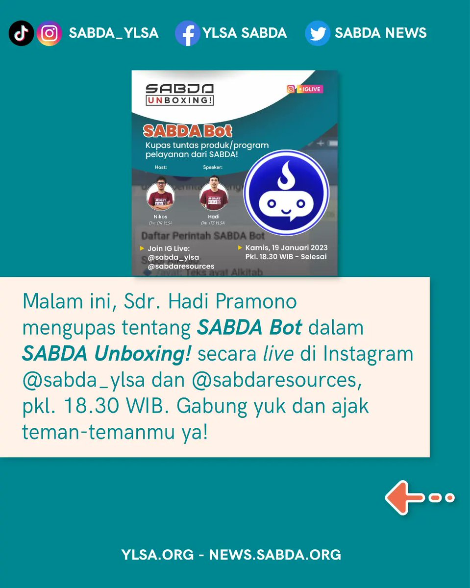 sabda_ylsa's tweet photo. Mengucap syukur untuk kesempatan yang Tuhan berikan untuk kita semua melayani Dia. Mari simak bersama kegiatan SABDA sepanjang hari ini dalam SABDA Daily 19 Januari 2023!
Untuk mendapatkan info selengkapnya, mari kunjungi https://t.co/uBRpNvuUjd!
#news #SABDA #YLSA #daily https://t.co/jHS1PSfrh3