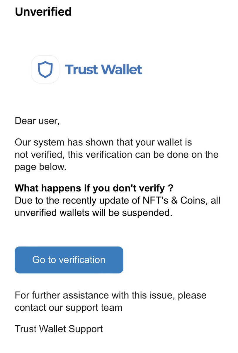 JamesMeech3's tweet photo. @TrustWallet I keep getting emails stating I need to verify my wallet, however it looks like a scam asking me to go to verification via a link. Email is supports@salamuss.com which doesn’t seem to relate to you. Snap shot of email below I assume this is a scam? https://t.co/DAebV3KSDa