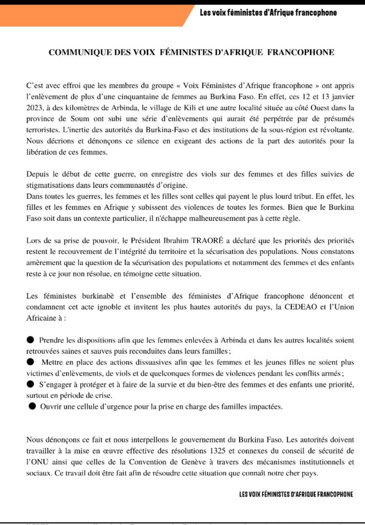 Grateful for the courage and of young #feminist voices from across French-speaking West and Central Africa who came together and called to #FreeArbindaWomen. Read their statement (in French) and follow <a href="/koussAnnick/">Koussoube Annick Laurence🇧🇫</a> <a href="/fattounkara/">Wasso Tounkara SN</a> <a href="/LaLigue225/">La Ligue</a> <a href="/NwoesR/">Renée NWOES</a> and others for updates.