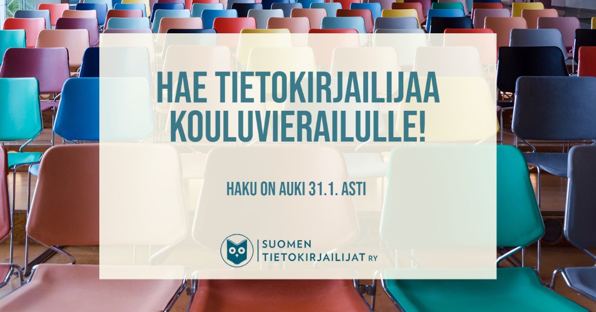 Tietokirjailija's tweet photo. Opettaja, hae tietokirjailijaa vierailulle kouluusi! Vierailu on koululle maksuton. Toisen asteen oppilaitokset voivat hakea vierailua 31.8. asti. Tutustu tietokirjailijoihin ja täytä hakulomake nettisivuillamme: https://t.co/nwNGnq8lMJ #tietokirja #faktahommissa #kouluvierailu https://t.co/RTzAS4VIAK