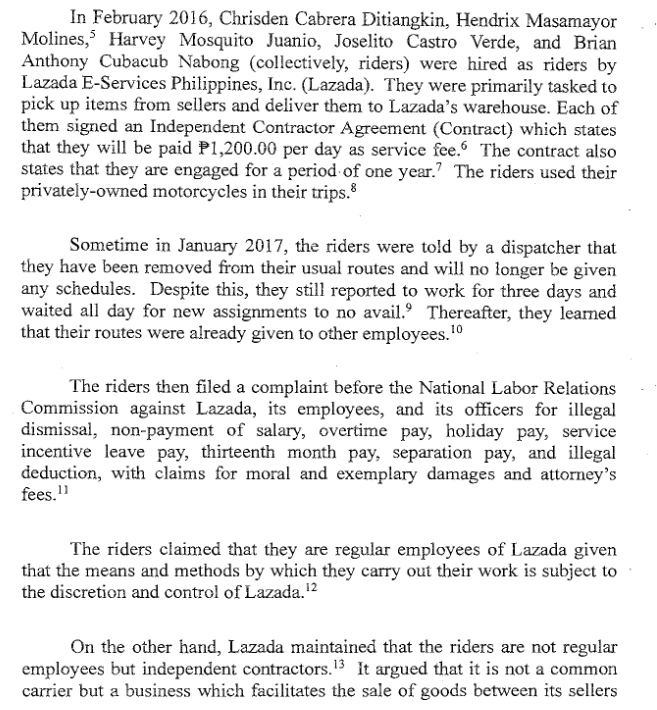 ohlistic's tweet photo. New SC decision (Ditiangkin v. Lazada) on whether several riders hired in 2016 by Lazada, designated as independent contractors, should in fact be considered as regular employees who were illegally dismissed. https://t.co/GvYAIfD465