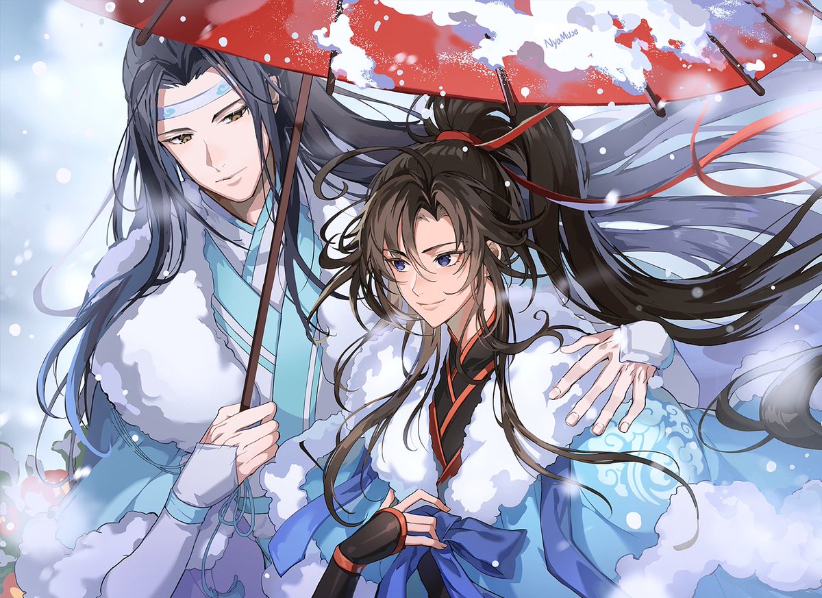 2boys black hair blue eyes headband holding holding umbrella long hair  illustration images