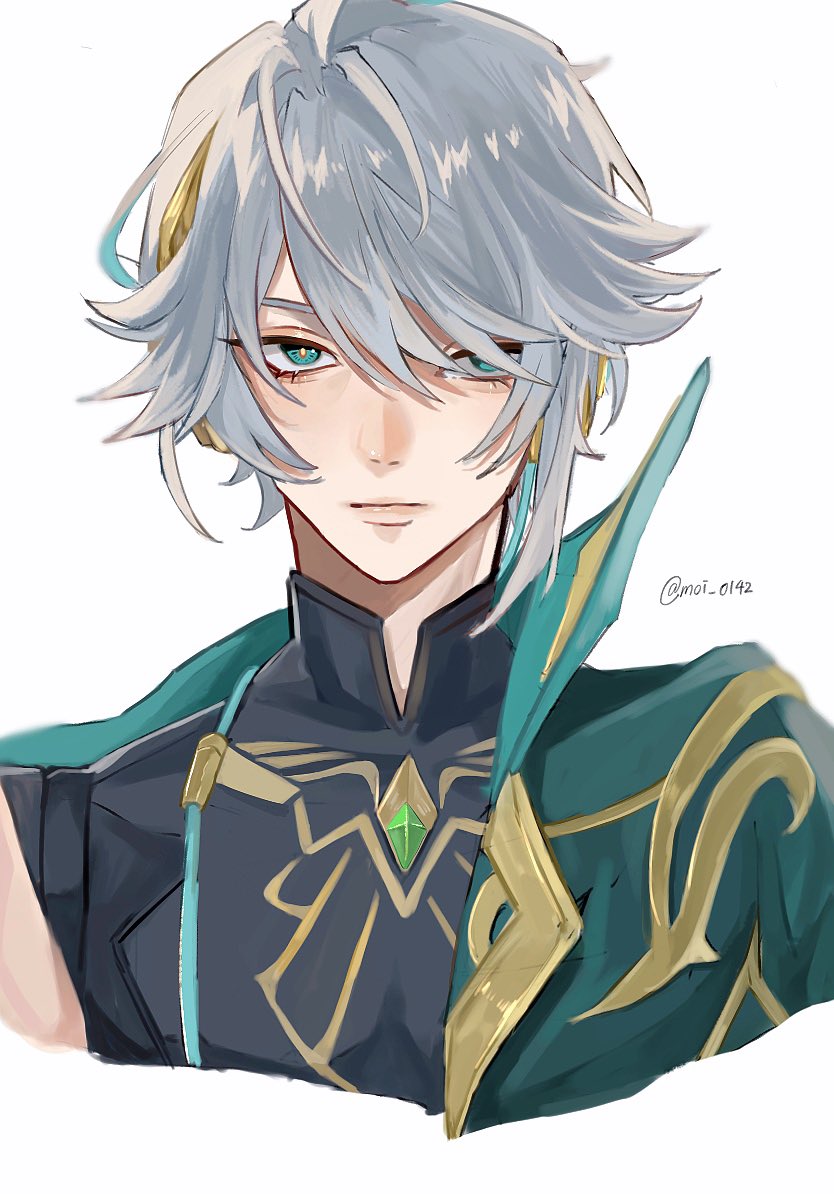 1boy ahoge bangs closed mouth gold trim green cape green eyes  illustration images