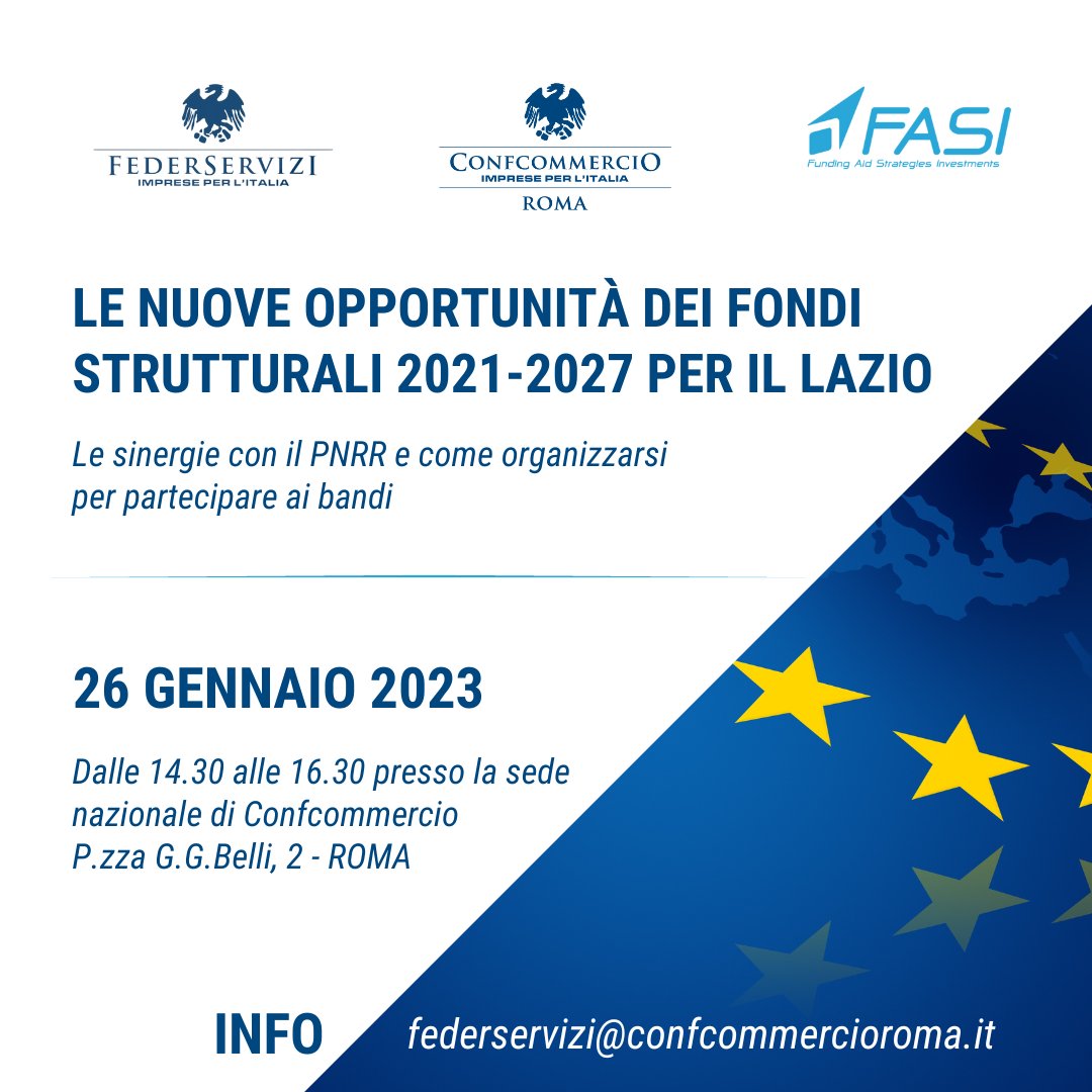 #ConfcommercioRoma #FederServizi e <a href="/FASI_eu/">FASI.eu</a> vi aspettano giovedì 26 gennaio a Roma, presso la sede nazionale di <a href="/Confcommercio/">Confcommercio</a>, per parlare delle opportunità legate ai Fondi Strutturali 2021-2027 per il Lazio. Programma e registrazioni 👇
confcommercioroma.it/eventi/26-genn…