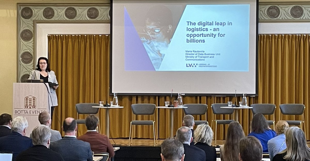 ITS_Finland's tweet image. Presentations for DigiLog 2023 are underway!
Maria Rautavirta a great overview of today&apos;s logistics challenges. Thank you!

The digital leap in logistics – an opportunity for billions, @mrautavirta, @lvmfi
 #Digitaltransition #SmartMobility #DigiLog2023 #DigitalCompass