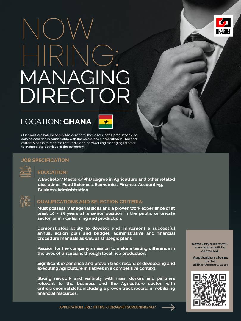 DragnetNigeria's tweet photo. NOW HIRING: MANAGING DIRECTOR

Our client, a company that deals in the production and sale of local rice in partnership with the Asia Africa Corporation in Thailand, seeks to recruit a Managing Director.

Deadline: 26th Jan.
#dragnetjobs #managingdirector #nowhiring https://t.co/iQZxXmm9MT