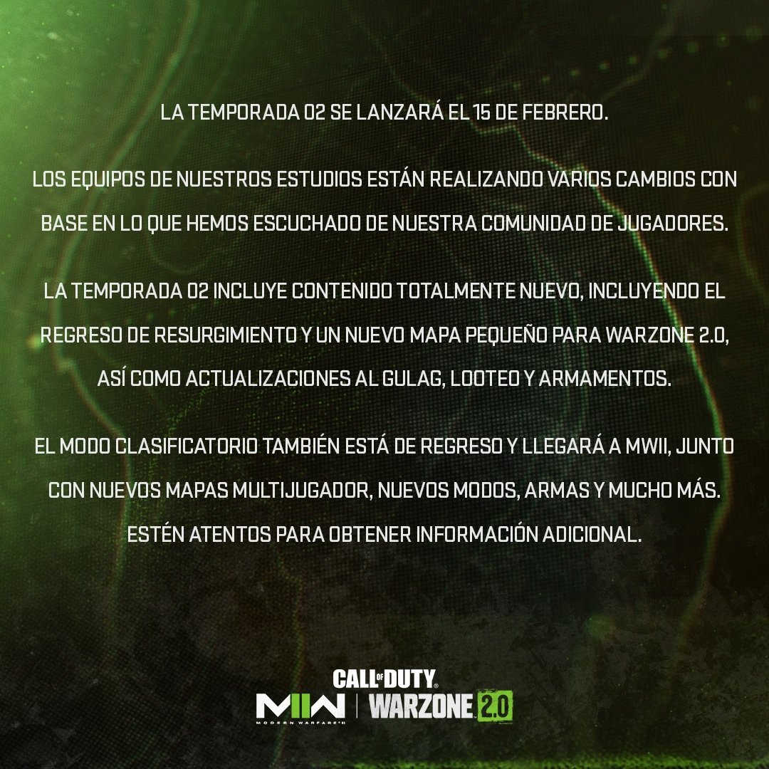 Va a tocar esperar hasta el 15 de Febrero para la nueva temporada de #MWII y #Warzone2. 🙃
