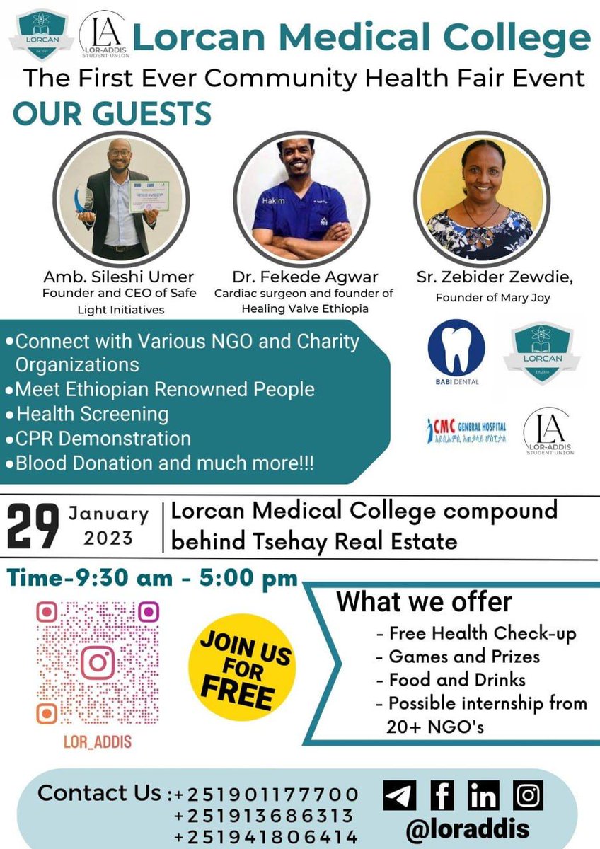 Lor-addis, students' union of Lorcan Medical College, will host a health fair and community awareness event on January 29, 2023. It is open to all medical school students who aspire to engage in community development and volunteering activities. 
Everyone is invited!
